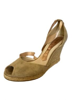 Tan Peep-Toe Wedge Espadrilles Sandals with Suede Material and High  Heel
